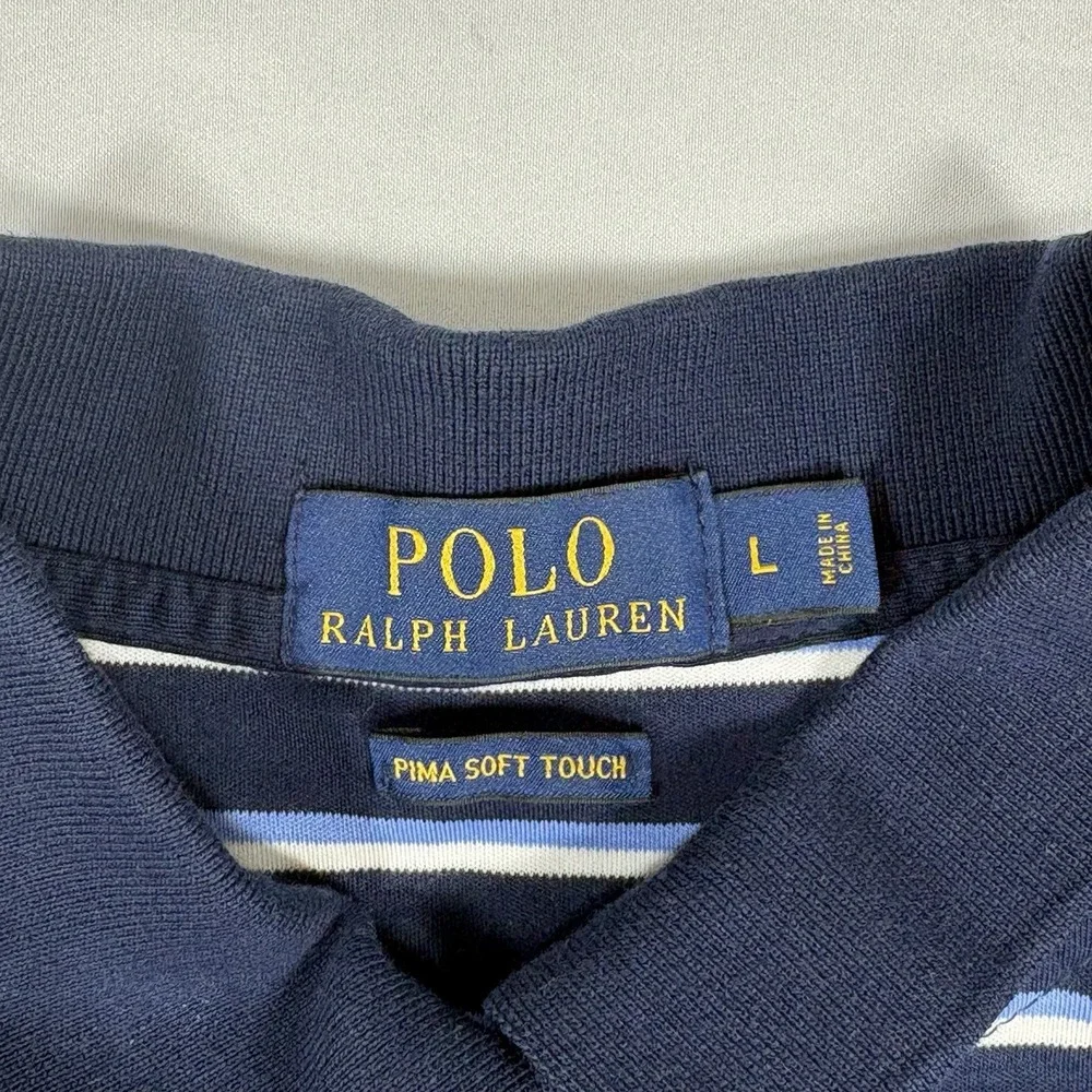 Polo Ralph Lauren Men Shirt Large Pima Soft Touch Preppy Horse Logo Striped Blue - Picture 5 of 9